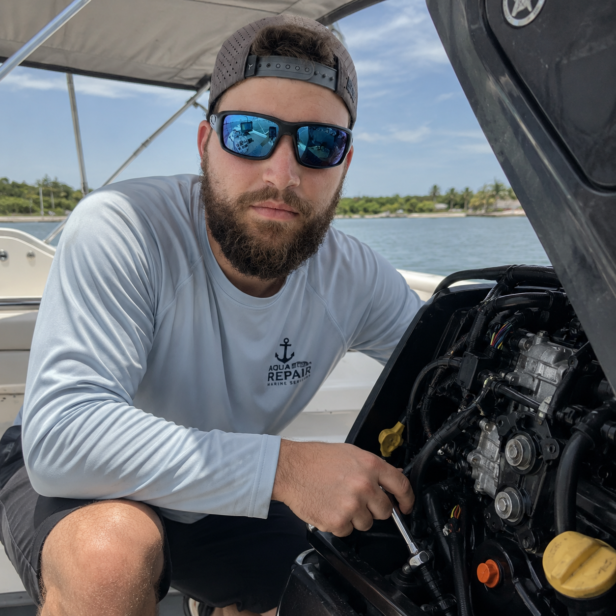 AquaRepair Marine technician Robert working on an outboard engine with the marina shoreline in the background