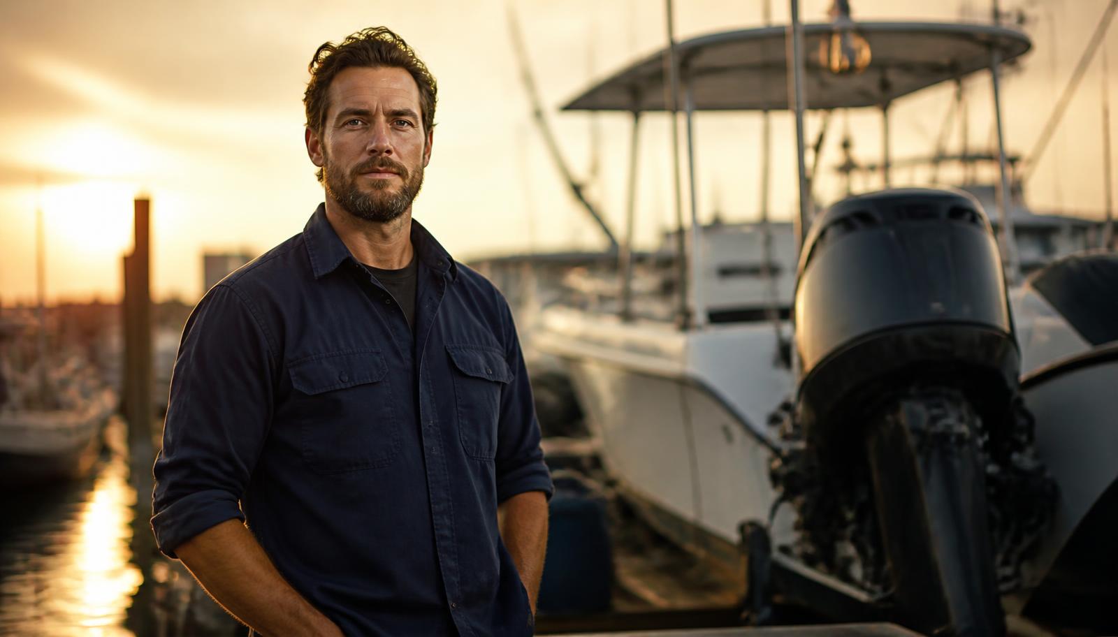 Portrait of a marine technician on a dock at golden hour