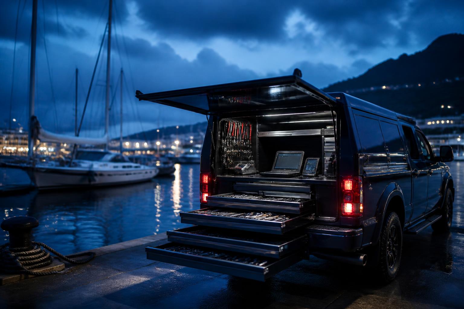 Mobile marine service truck with tool drawers open