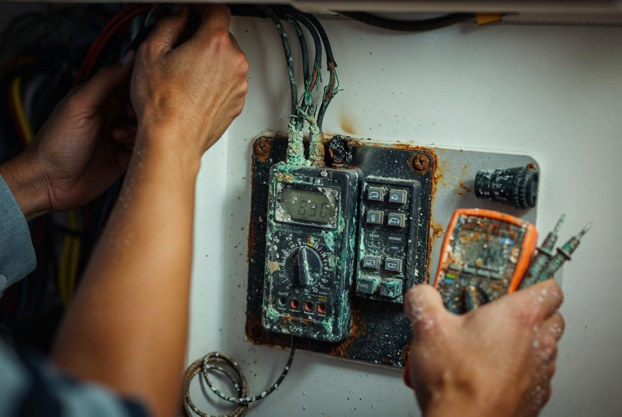 Corroded boat electrical panel with green corrosion on terminals and frayed wires