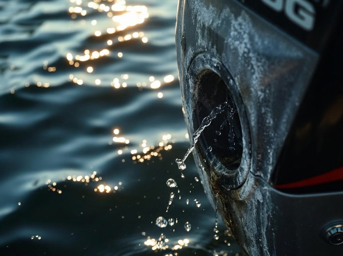 Salt-stained outboard with a weak, sputtering telltale stream before service
