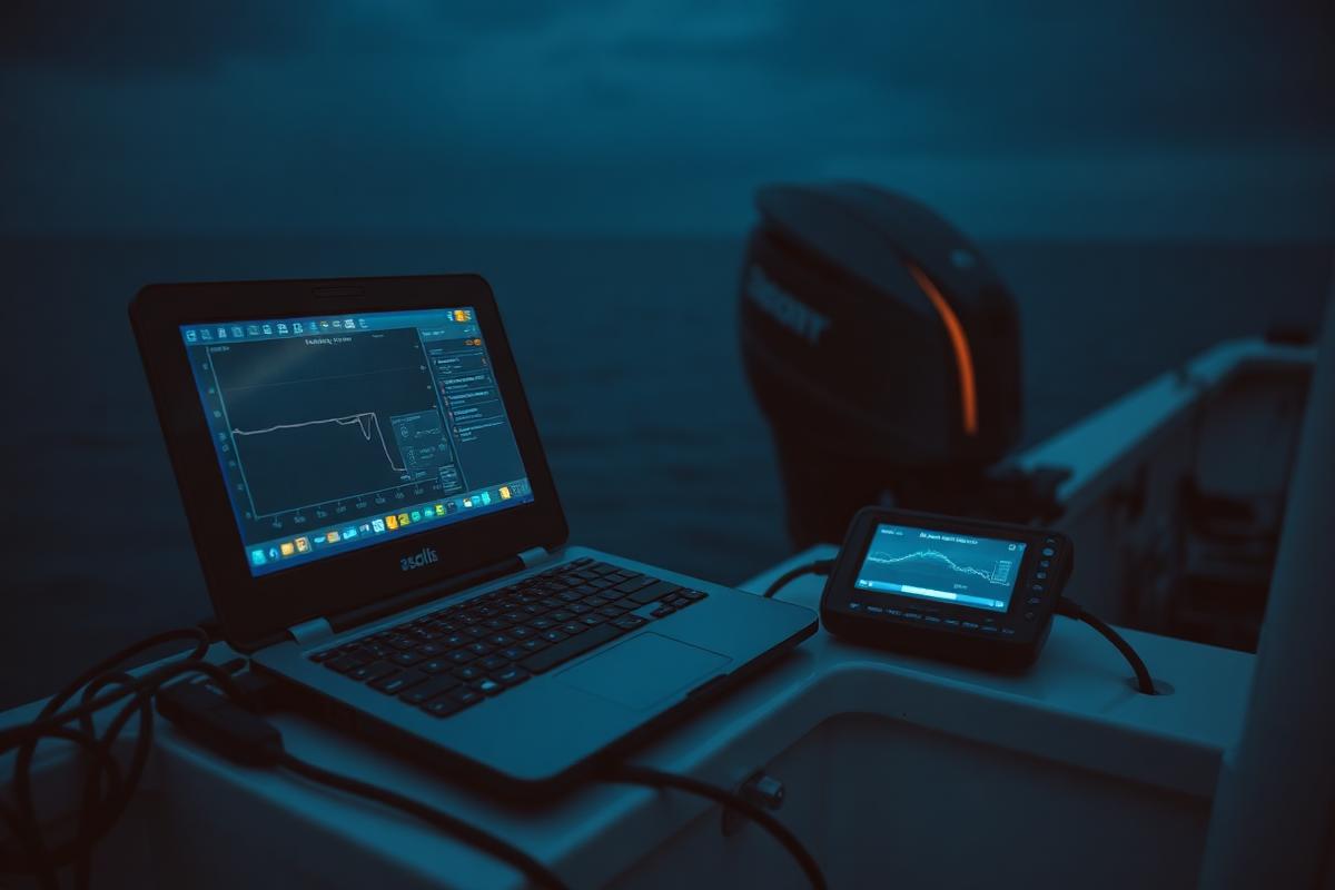 Marine diagnostic laptop connected to an outboard engine