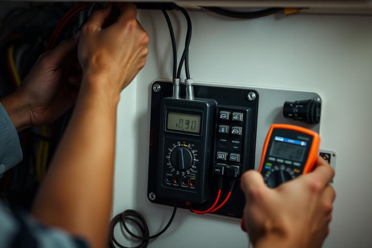 Technician testing a boat electrical panel with a multimeter