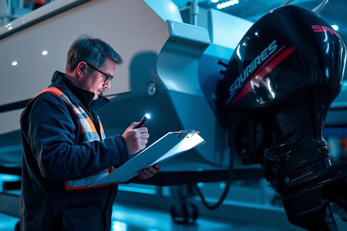 Marine surveyor inspecting a boat and outboard with a flashlight and checklist