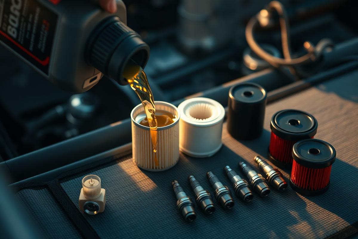 Marine engine oil, filters and spark plugs laid out for a scheduled service
