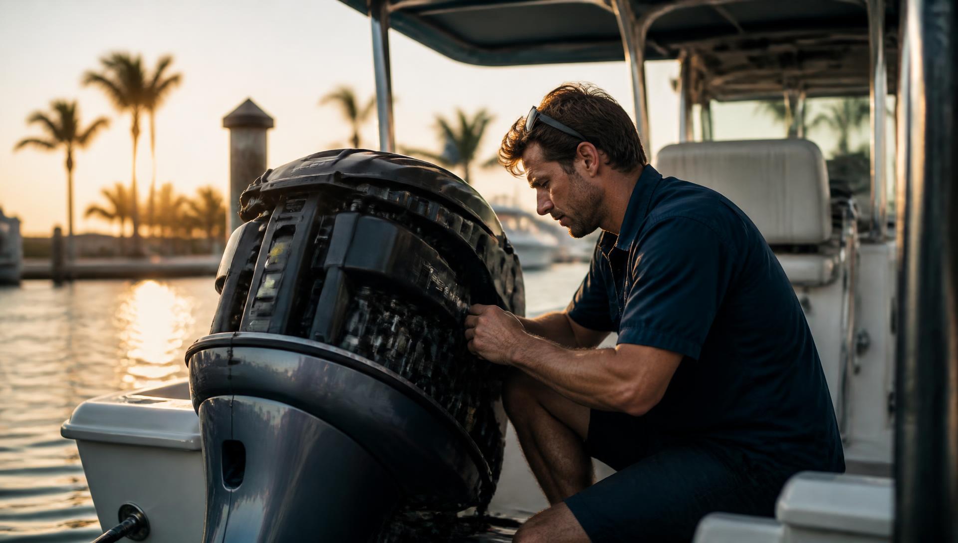 Marine technician servicing an outboard engine at a dock in Palm Beach County