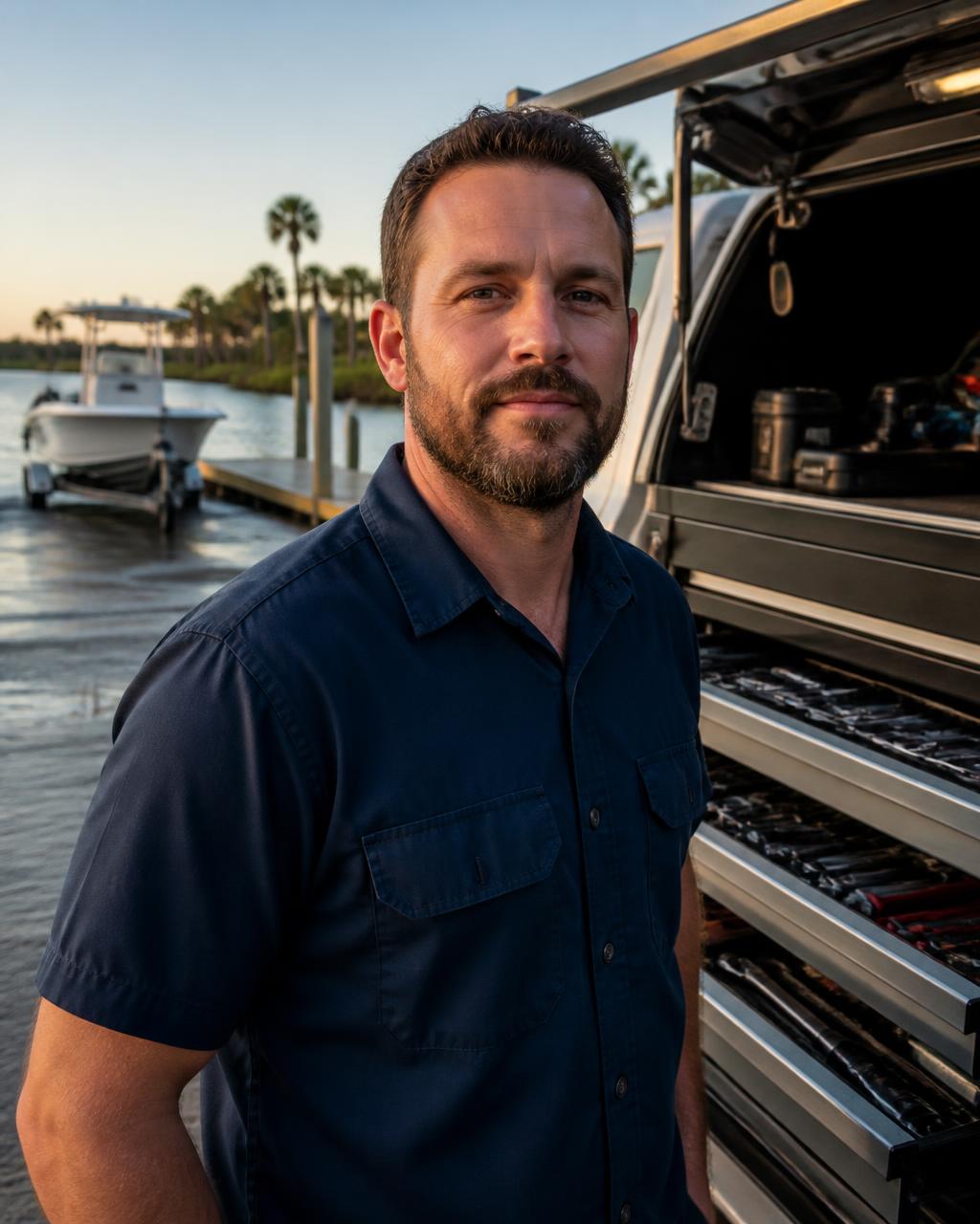 AquaRepair Marine technician standing at the service truck