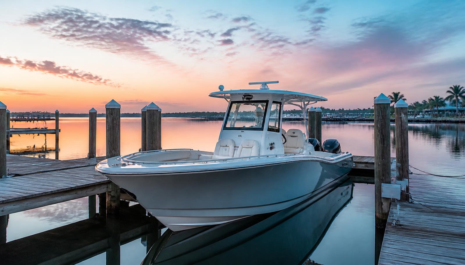 Center console boat resting in its slip at dawn