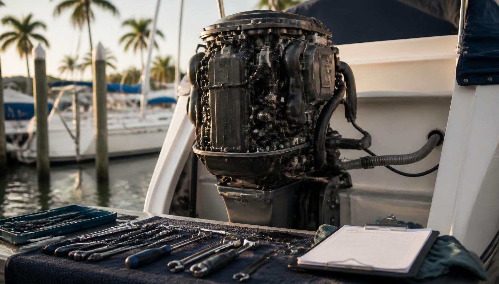 Mechanic tools and a written estimate beside an outboard engine with the cowling removed