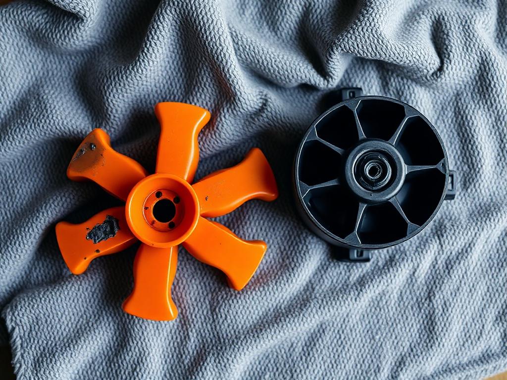 Worn water pump impeller next to a new replacement impeller