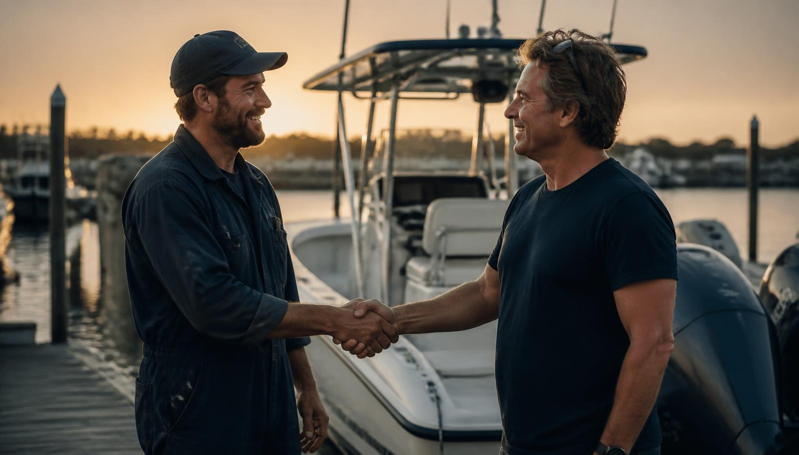 Marine technician shaking hands with a boat owner on a dock