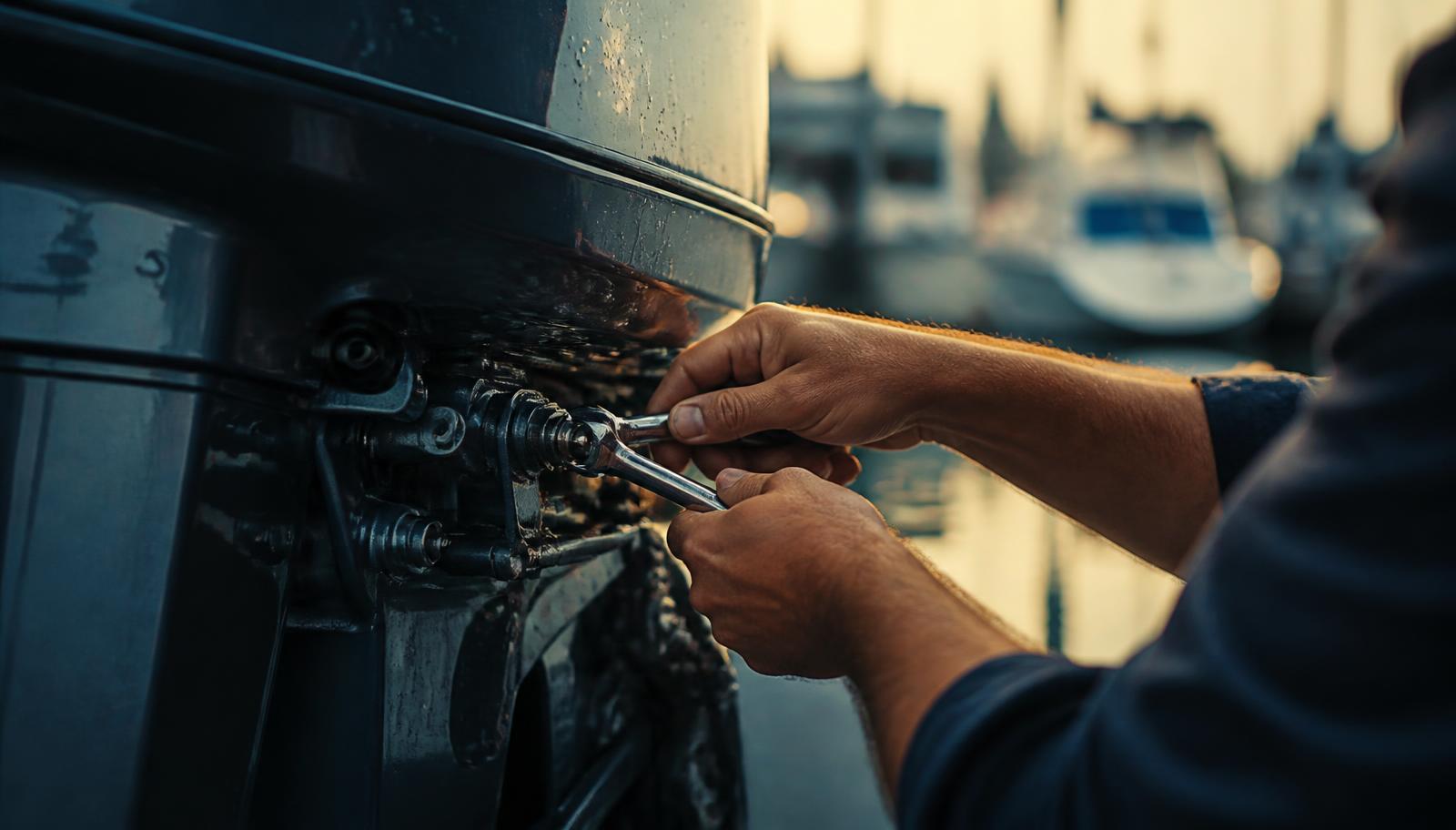 Marine technician working on an outboard engine with a wrench